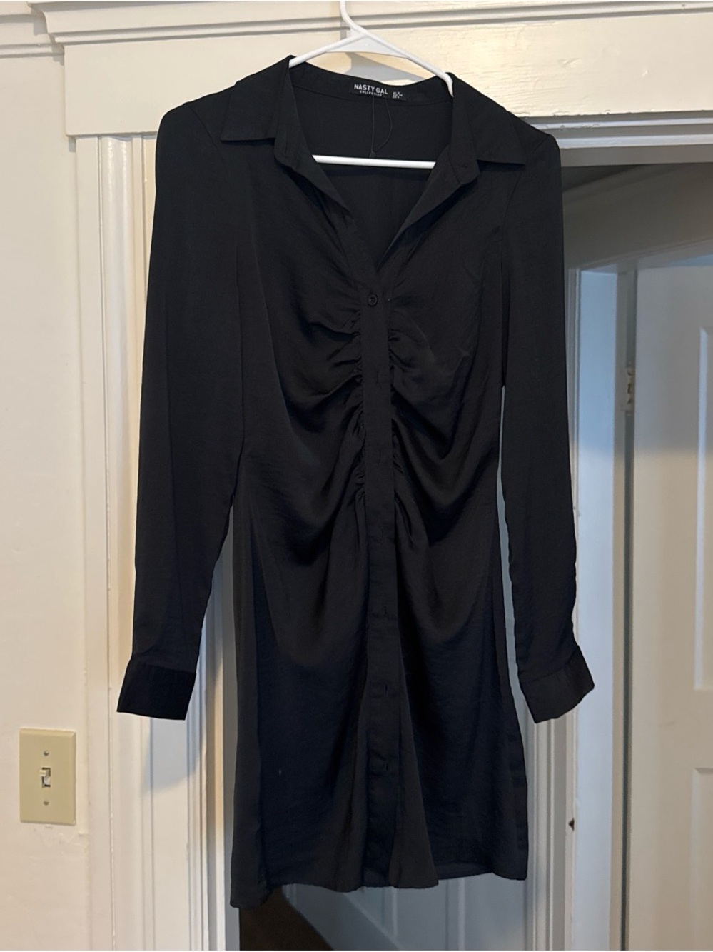 Nasty Gal Black Long Sleeve Ruched Shirt Dress